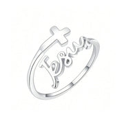 Silver women’s Christian rings with Faith script and cross design by Fresh Faith Designs