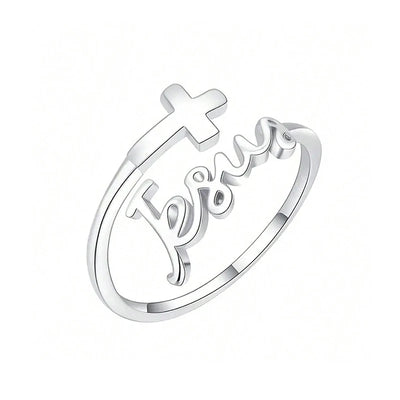 Silver women’s Christian rings with Faith script and cross design by Fresh Faith Designs