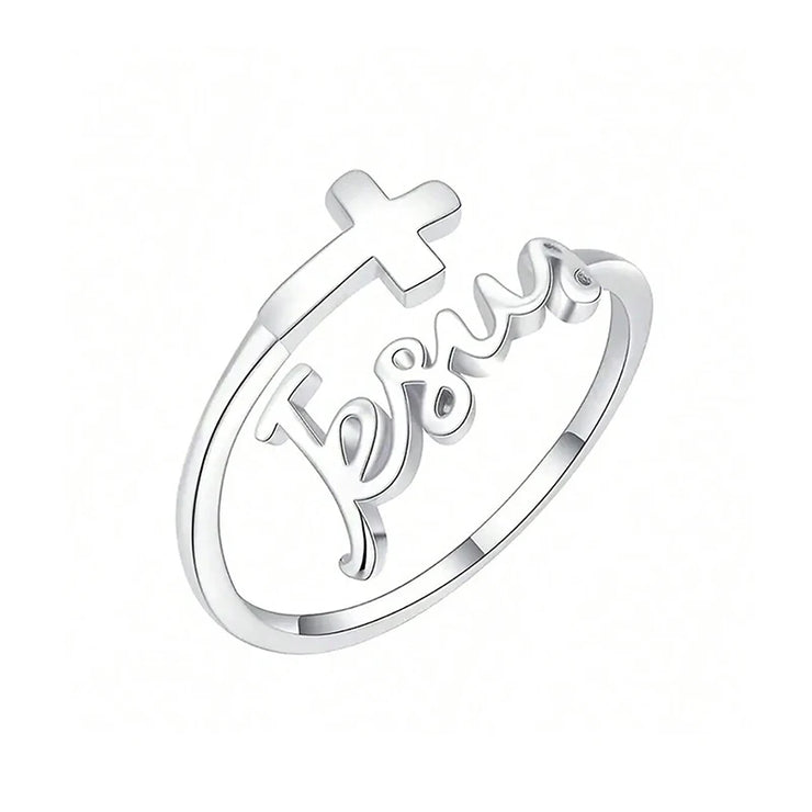 Silver women’s Christian rings with Faith script and cross design by Fresh Faith Designs