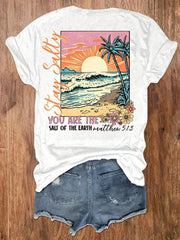 White Fresh Faith Designs Bible verse beach shirt with sunset beach and palm tree graphic