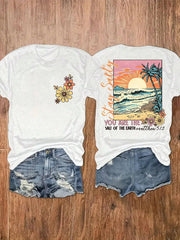 Fresh Faith Designs Bible verse beach shirt with sunset ocean waves palm trees and floral design