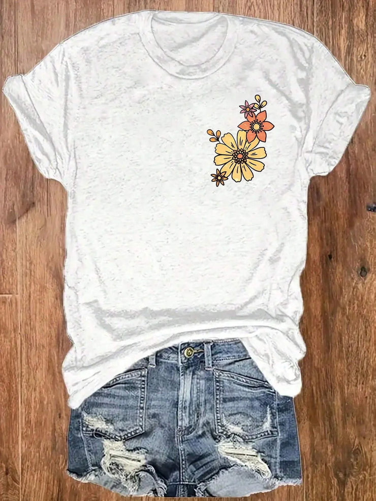 White Fresh Faith Designs T-shirt with floral print paired with distressed denim shorts Bible verse beach shirt