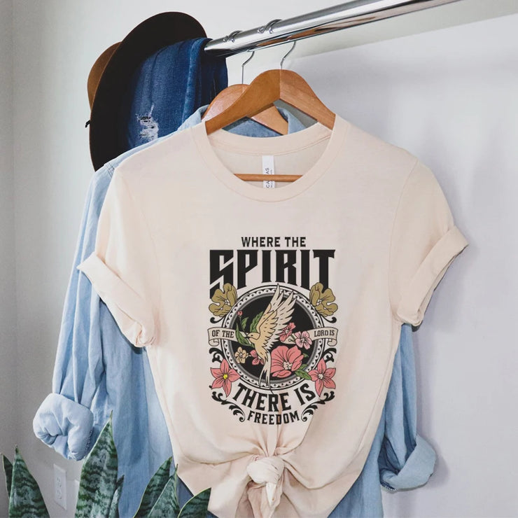 Fresh Faith Designs christian inspirational graphic tees with dove and floral design on beige t-shirt