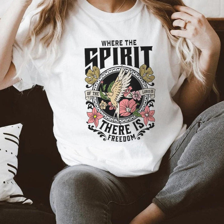 White Fresh Faith Designs christian inspirational graphic tees with dove and floral freedom design