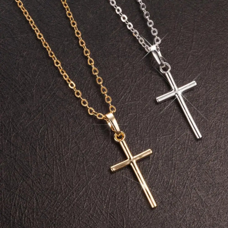 Fresh Faith Designs fashion crystal cross necklace set with gold and silver chains on black background