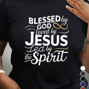Fresh Faith Designs religious graphic tee women black shirt with Blessed by God Jesus Spirit white and gold text