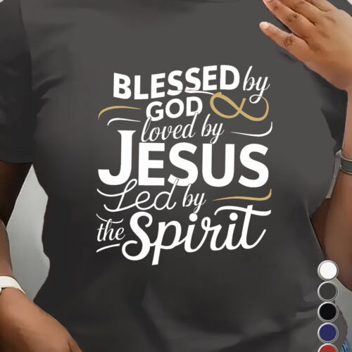 Fresh Faith Designs religious graphic tee women black shirt with Blessed by God Jesus Spirit text
