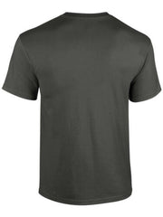 Back view of plain dark gray religious graphic tee women by Fresh Faith Designs