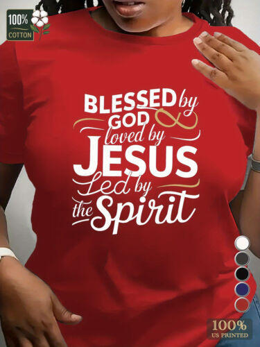 Red religious graphic tee women with Blessed by God Loved by Jesus Led by the Spirit text design