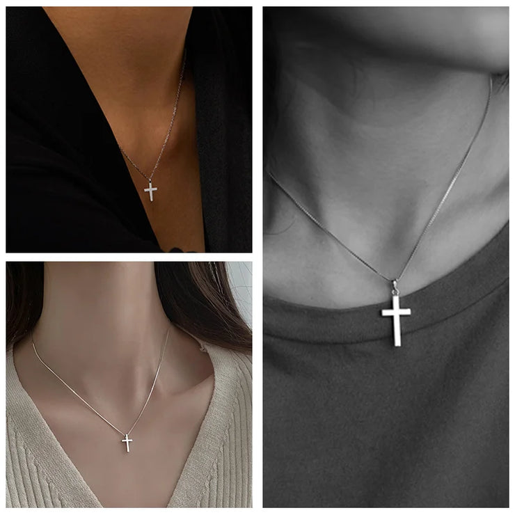 Delicate silver cross necklace worn by models showcasing women's faith jewelry by Fresh Faith Designs
