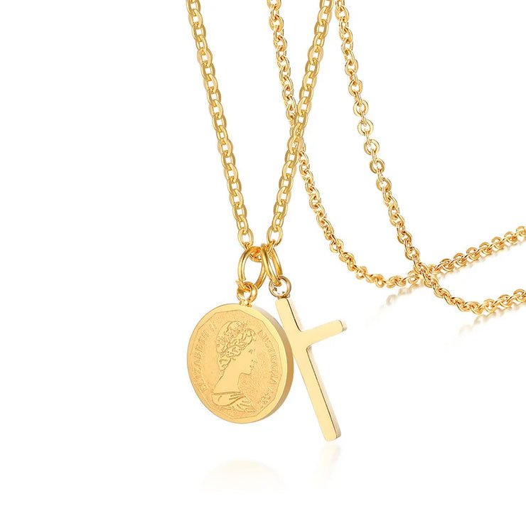 Gold layered women's faith jewelry necklace with cross and coin pendants by Fresh Faith Designs