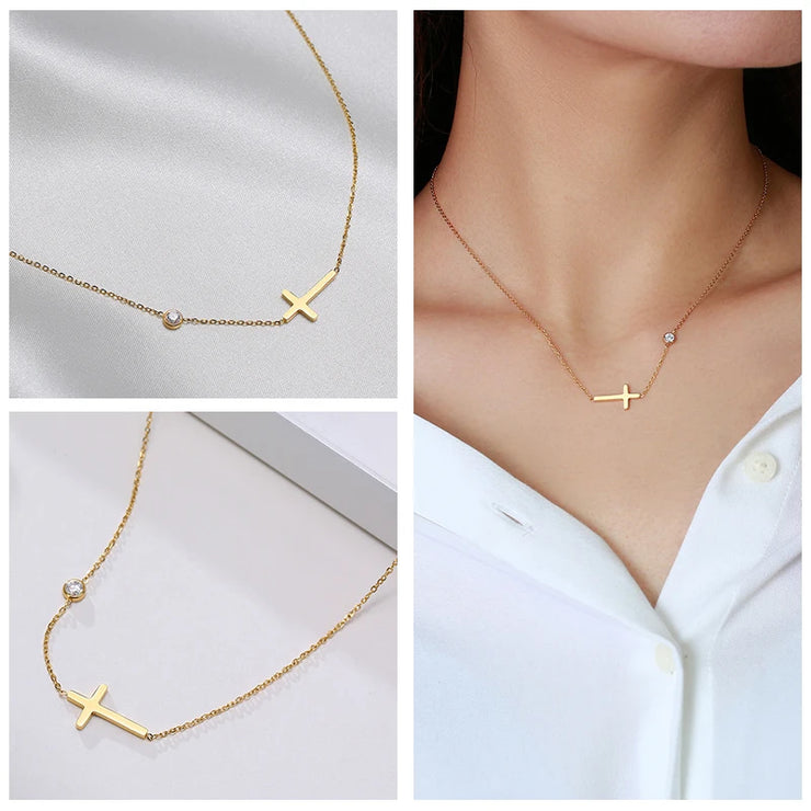 Gold cross necklace with small diamond detail from Fresh Faith Designs women's faith jewelry collection