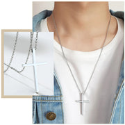 Women's faith jewelry silver cross necklace from Fresh Faith Designs worn with white shirt and denim jacket