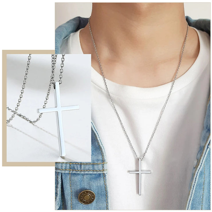 Women's faith jewelry silver cross necklace from Fresh Faith Designs worn with white shirt and denim jacket
