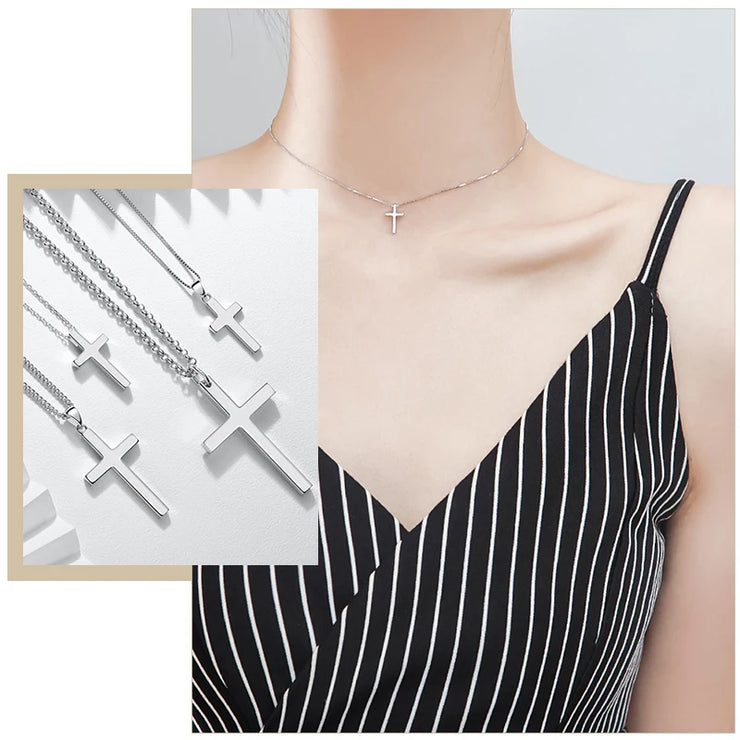 Delicate silver cross necklace worn by woman in black striped dress women's faith jewelry by Fresh Faith Designs