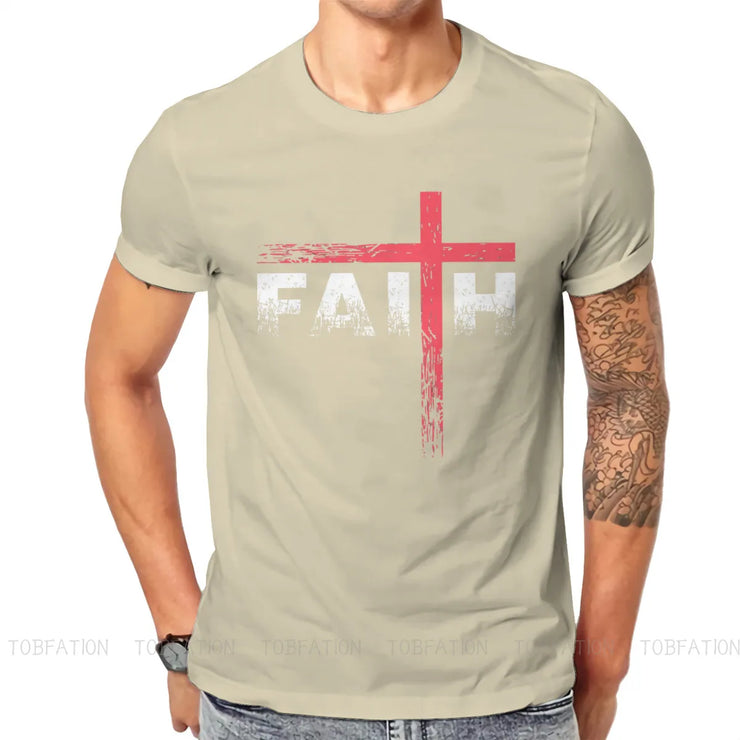 Vintage faith cross tee in beige with red cross and white distressed faith text by Fresh Faith Designs
