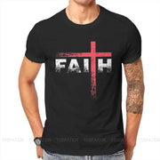 Black vintage faith cross tee with red cross and white distressed FAITH text by Fresh Faith Designs