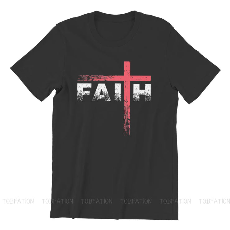 Black vintage faith cross tee with distressed red cross and white FAITH lettering front design