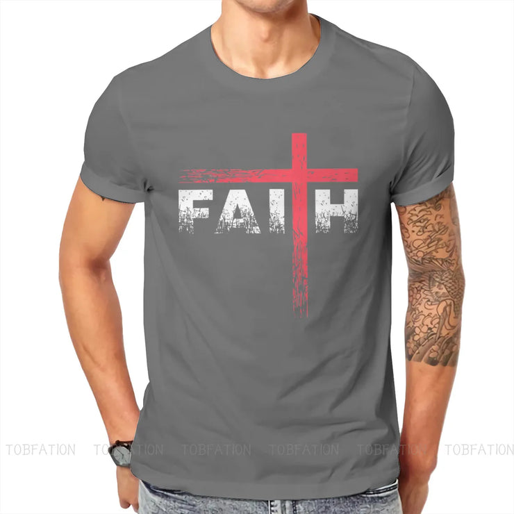Vintage faith cross tee in gray with distressed red cross and white FAITH text by Fresh Faith Designs