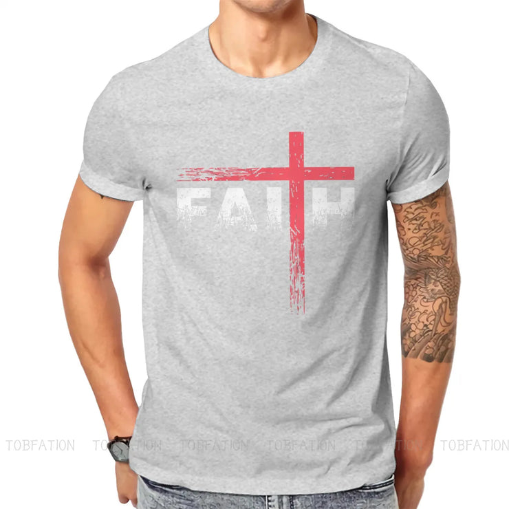 Gray vintage faith cross tee with red cross and white faded faith text on front
