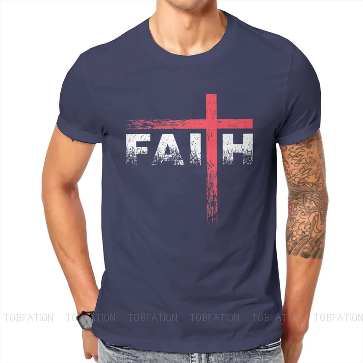 Men's vintage faith cross tee in navy blue with distressed red cross and white FAITH text