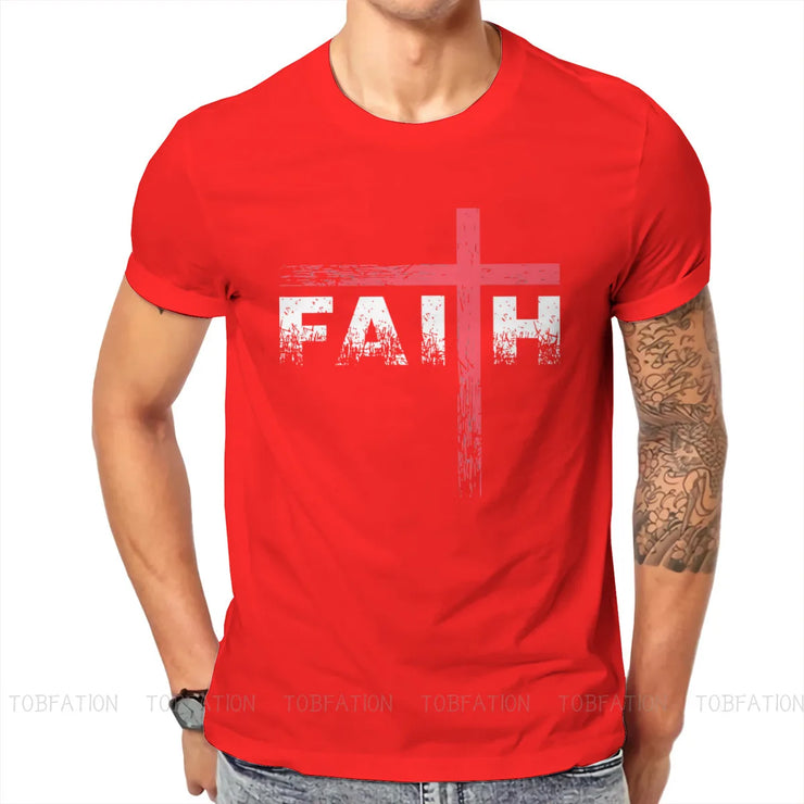 Red vintage faith cross tee with distressed white cross and faith text from Fresh Faith Designs