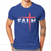Blue vintage faith cross tee with red cross and distressed white FAITH text on front