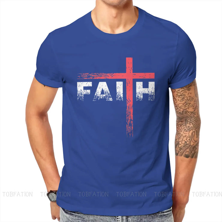 Blue vintage faith cross tee with red cross and distressed white FAITH text on front