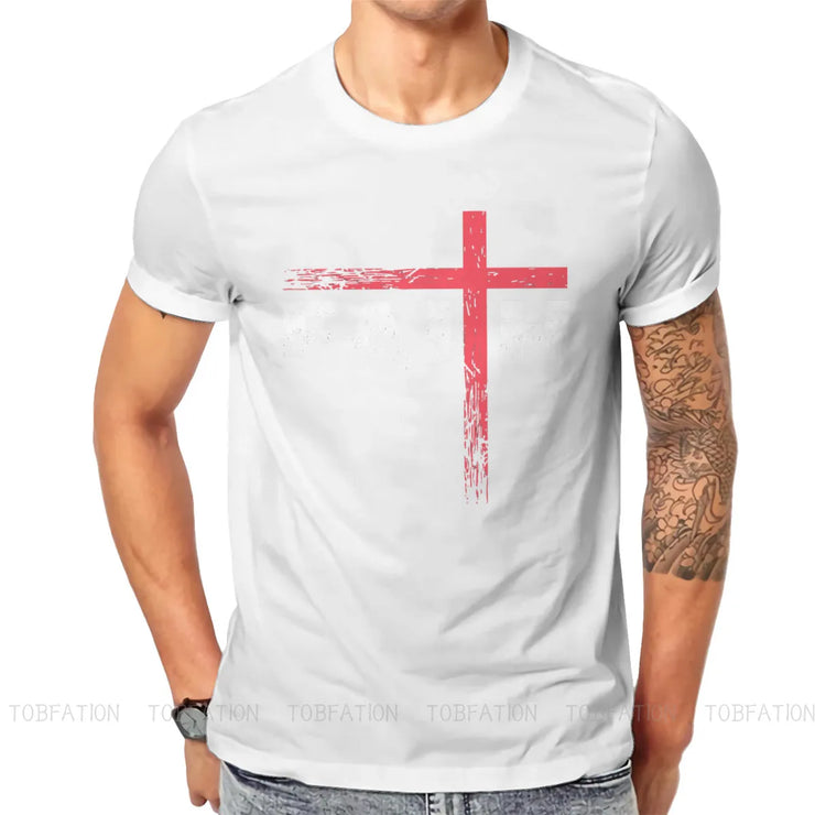 White vintage faith cross tee with distressed red cross design worn by man with tattoo sleeve