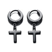 Black stainless steel cross earrings for women with hoop design and dangling cross charm