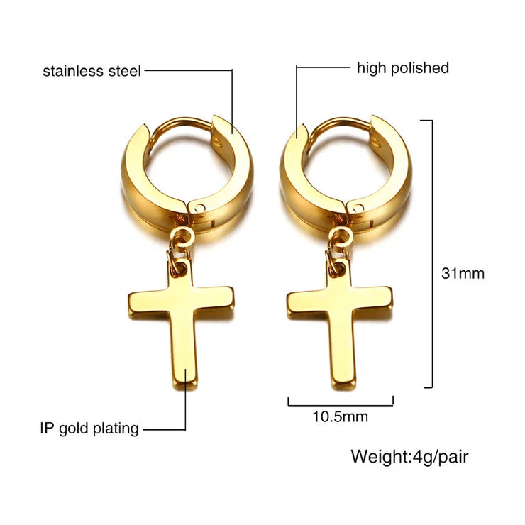 Gold stainless steel cross earrings for women with high polished finish and IP gold plating