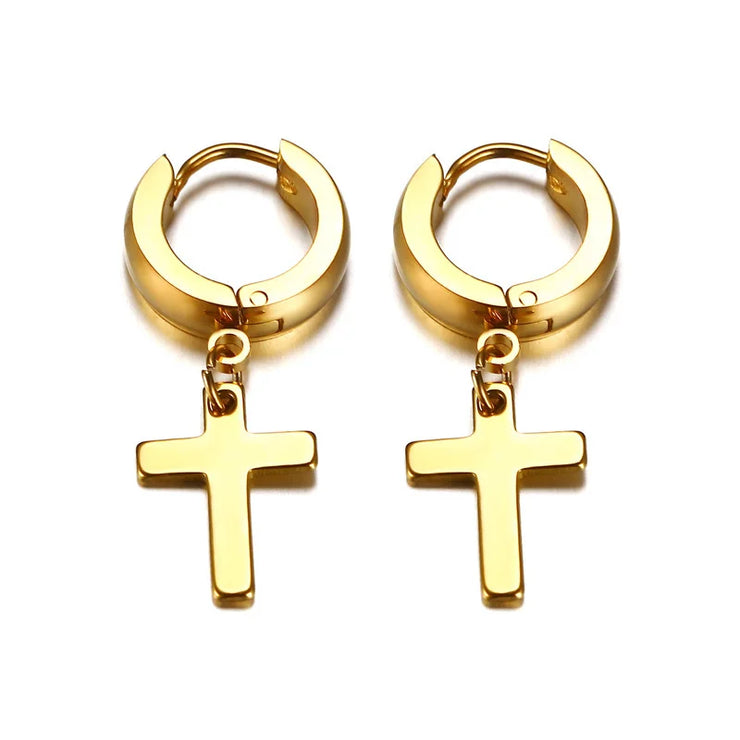 Gold hoop cross earrings for women with smooth polished finish by Fresh Faith Designs