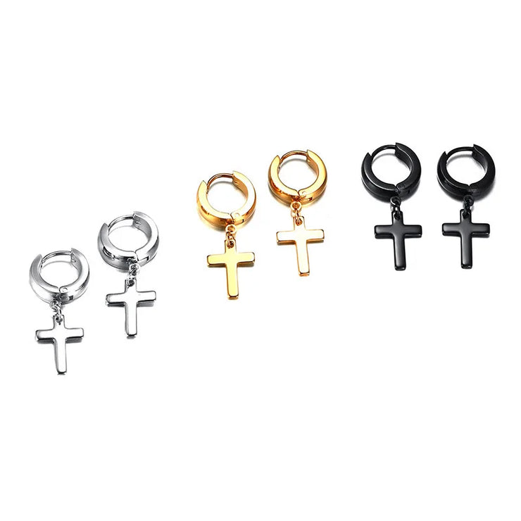 Set of silver, gold, and black cross earrings for women with hoop design by Fresh Faith Designs