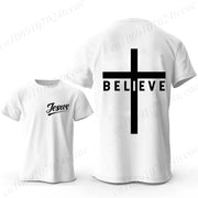 White Christian casual wear for men t-shirt with Jesus script front and large Believe cross design back