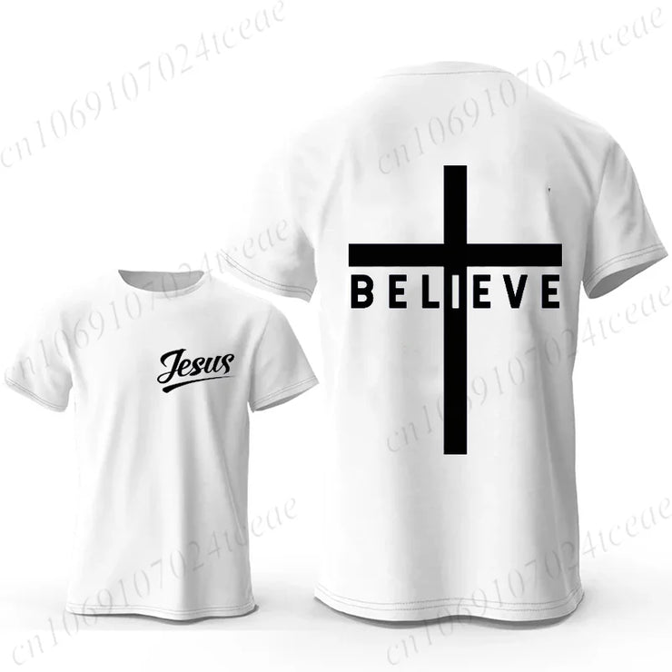 White Christian casual wear for men t-shirt with Jesus script front and large Believe cross design back