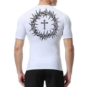 White faith-based compression shirt with black crown of thorns and cross design on back