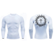 White faith-based compression shirt with long sleeves and crown of thorns cross design on the back
