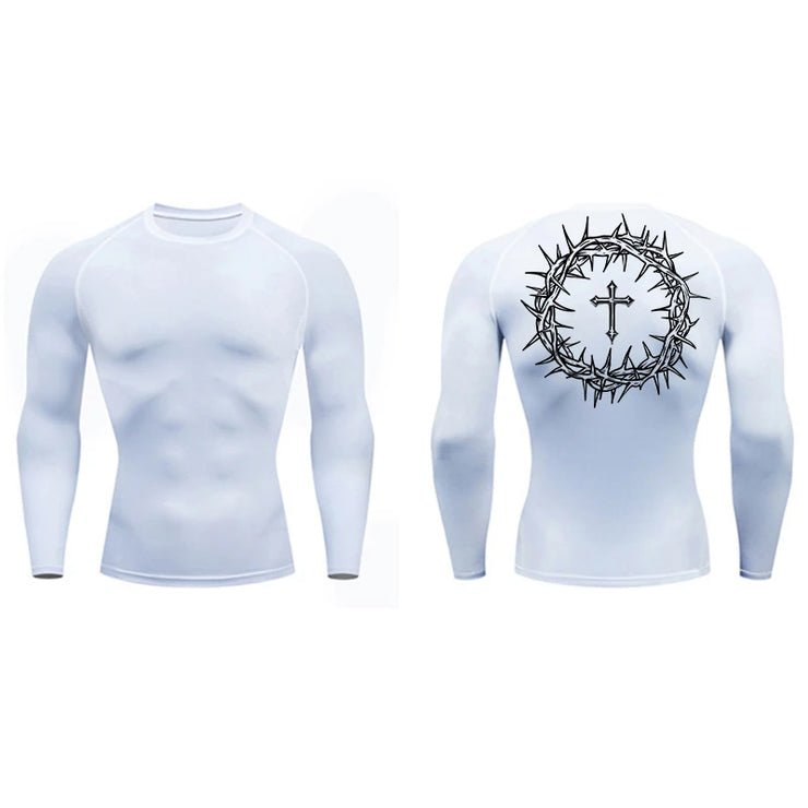 White faith-based compression shirt with long sleeves and crown of thorns cross design on the back