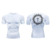 Fresh Faith Designs white faith-based compression shirt with crown of thorns and cross design on back