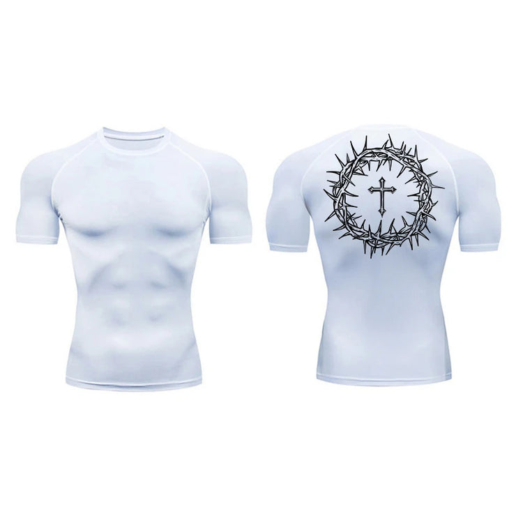 Fresh Faith Designs white faith-based compression shirt with crown of thorns and cross design on back