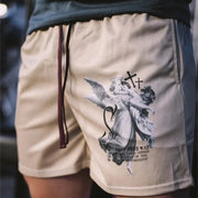 Fresh Faith Designs Y2K Christian gym shorts in beige with angel graphic and cross print