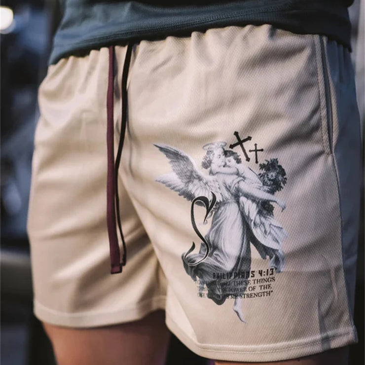 Fresh Faith Designs Y2K Christian gym shorts in beige with angel graphic and cross print