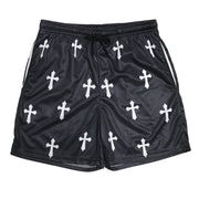 Fresh Faith Designs black shorts with white cross pattern Y2K Christian gym shorts style