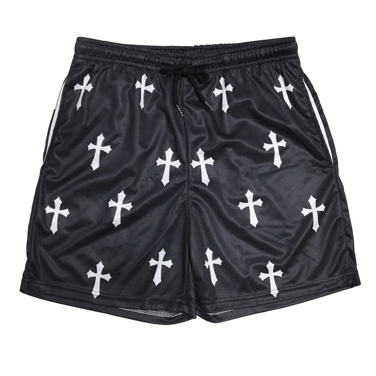 Fresh Faith Designs black shorts with white cross pattern Y2K Christian gym shorts style