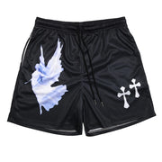 Fresh Faith Designs black Y2K Christian gym shorts with white dove and cross graphics