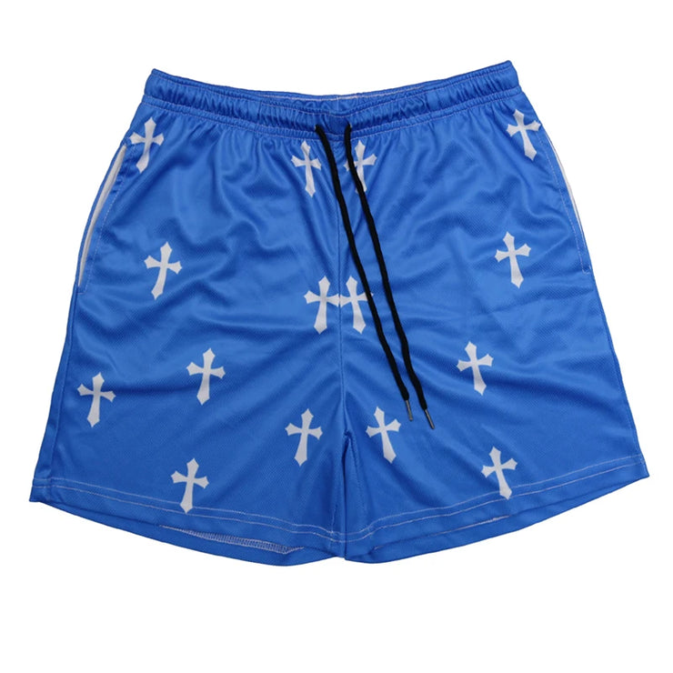 Fresh Faith Designs blue Y2K Christian gym shorts with white cross patterns and black drawstring