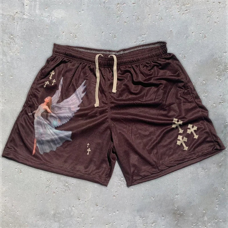 Fresh Faith Designs Y2K Christian gym shorts in brown with angel and cross prints and drawstring waist
