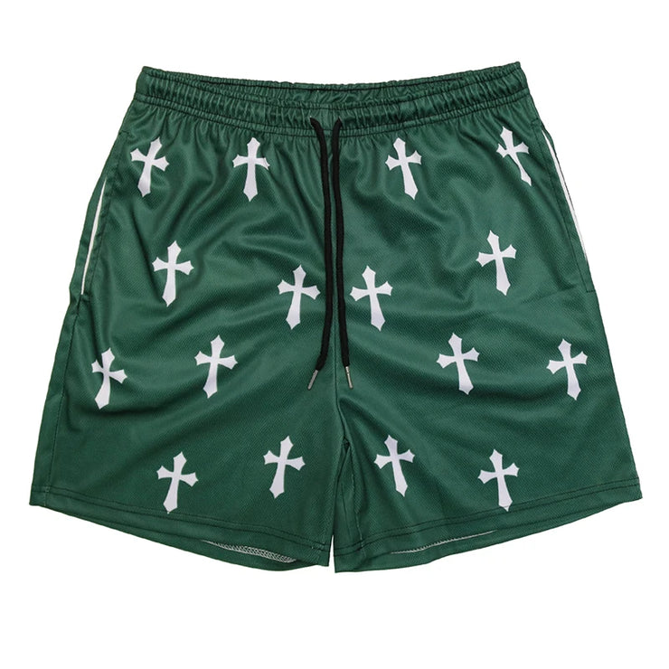 Fresh Faith Designs green Y2K Christian gym shorts with white cross patterns and black drawstring