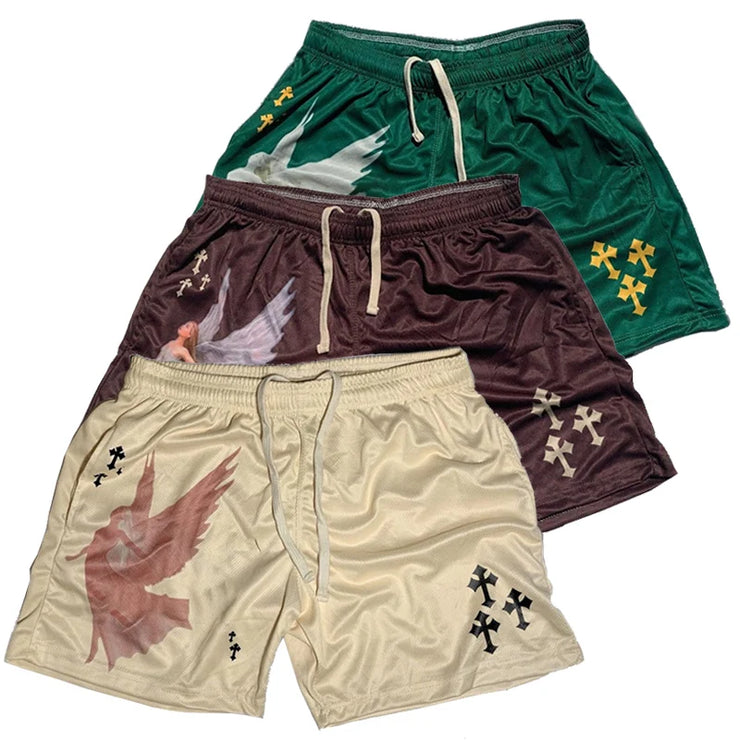 Fresh Faith Designs Y2K Christian gym shorts in green brown and beige with cross and angel wing prints