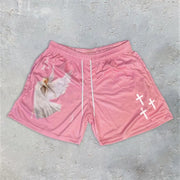 Pink Y2K Christian gym shorts by Fresh Faith Designs featuring white crosses and dove graphic